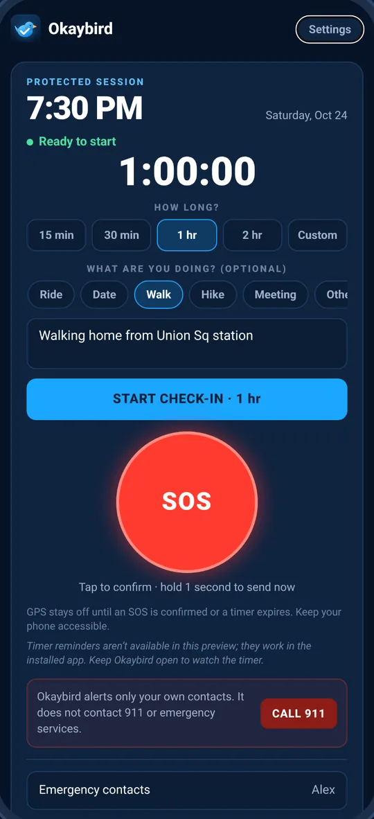 Okaybird home screen: choose a timer length, a check-in type and a note, then start a check-in