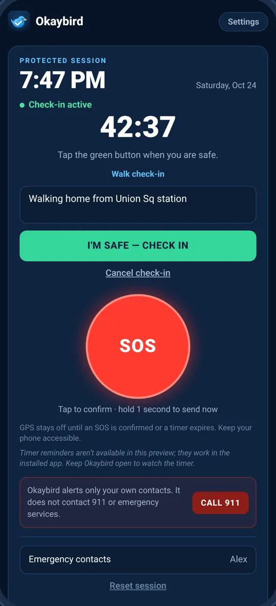 An active check-in with a countdown timer and an I'm safe button