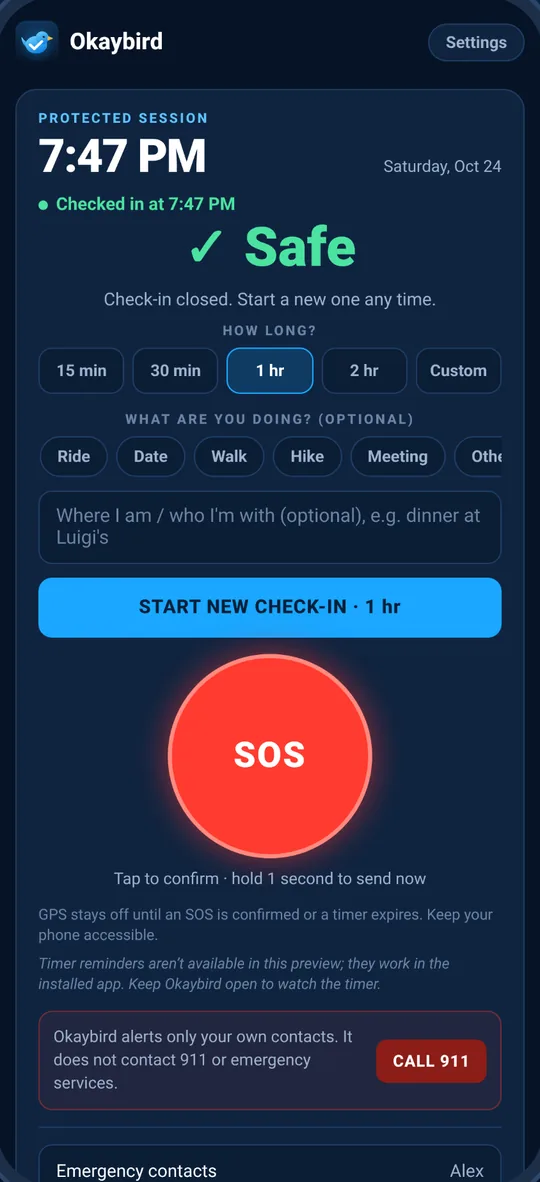 Checked in: the screen shows Safe